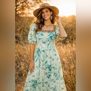 Johnny Was Midi Dress Small Boho Embroidered Tie Dye Ramie Cottagecore Festival